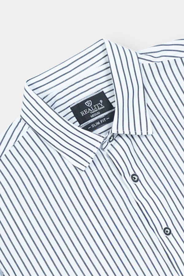 Blue and White Vertical Striped Short Sleeve Shirt Reality