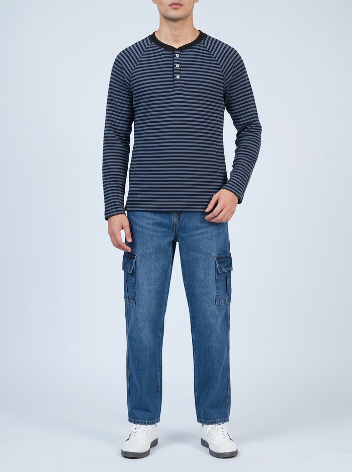 Henley Neck Waffle Tee - Navy