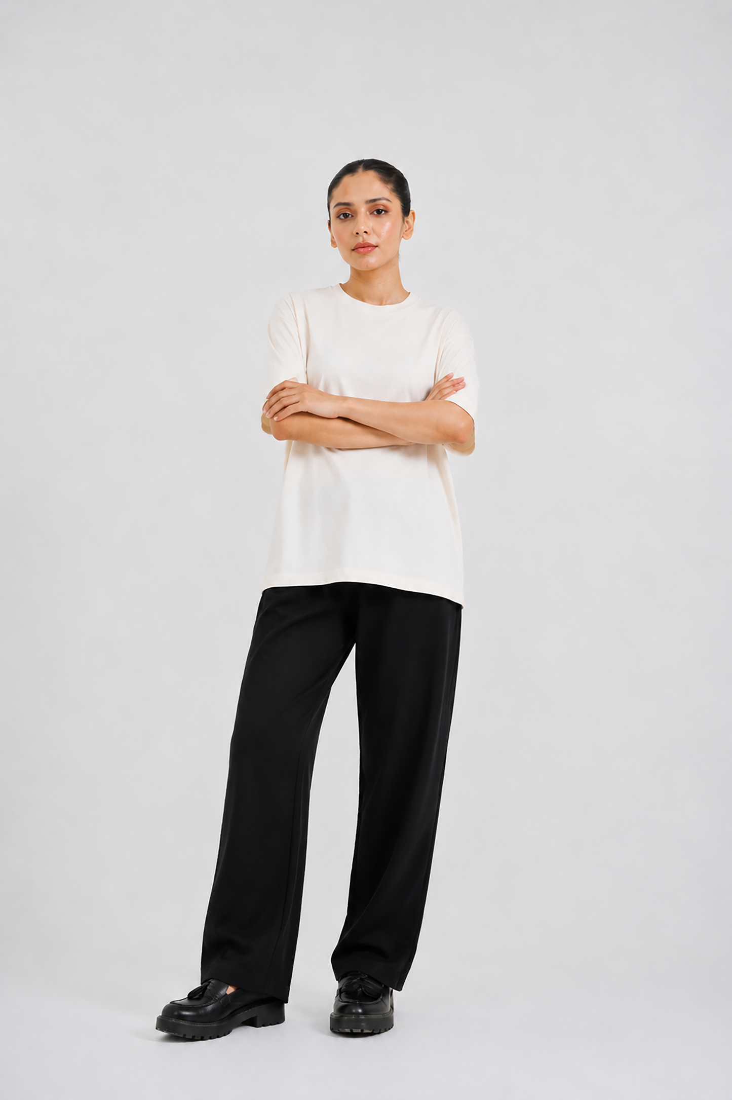 LADIES DOWN SHOULDER CREAM T-SHIRT