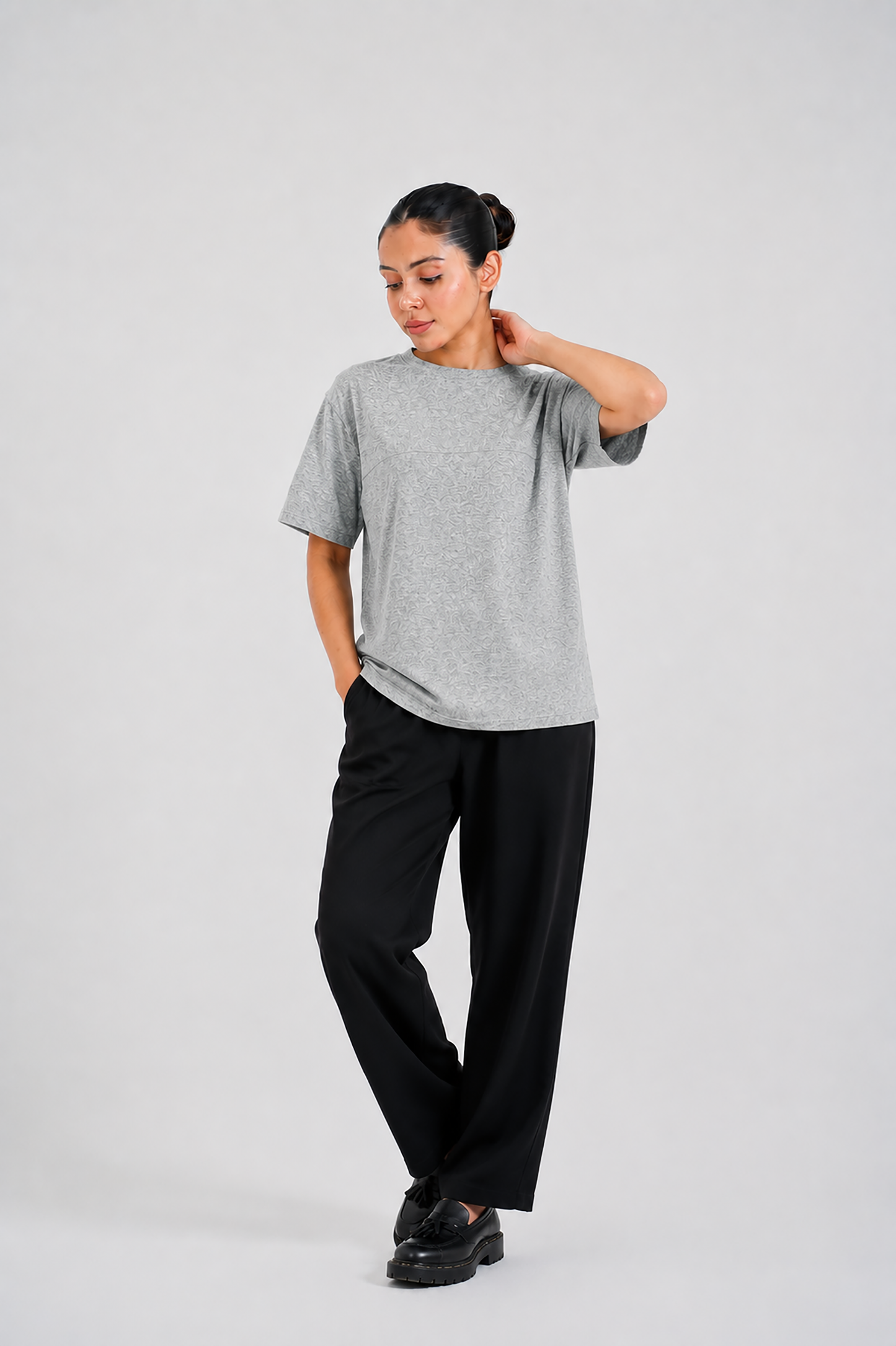 LADIES DOWN SHOULDER GRAY T-SHIRT