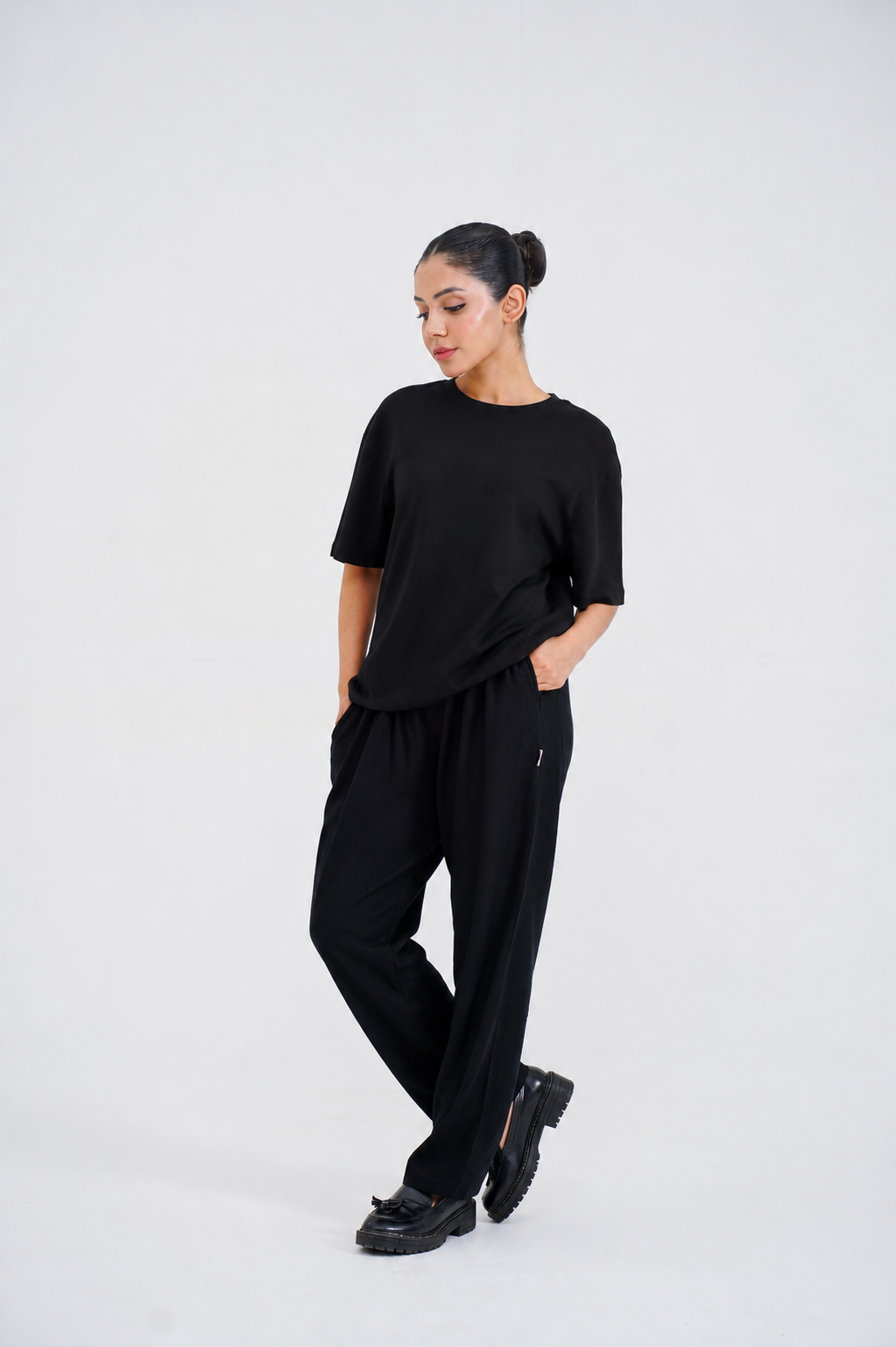 LADIES DOWN SHOULDER BLACK T-SHIRT