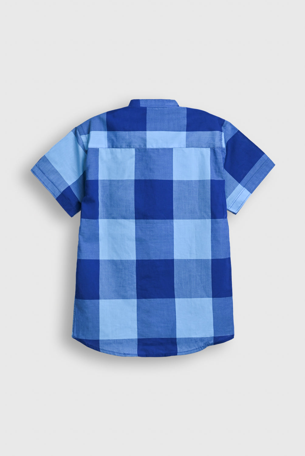 Boys Blue Checkered Band Collar Shirt – Short Sleeve Reality