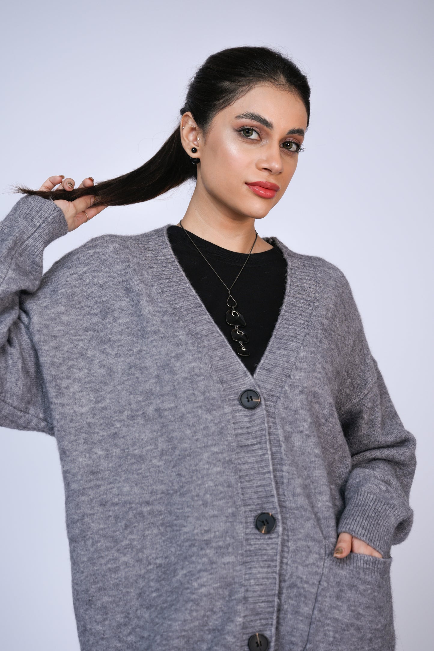 Grey Melange Knit Cardigan Reality