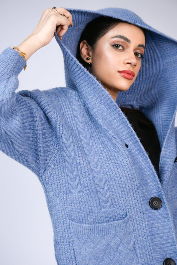 Long Blue Hooded Cardigan Reality