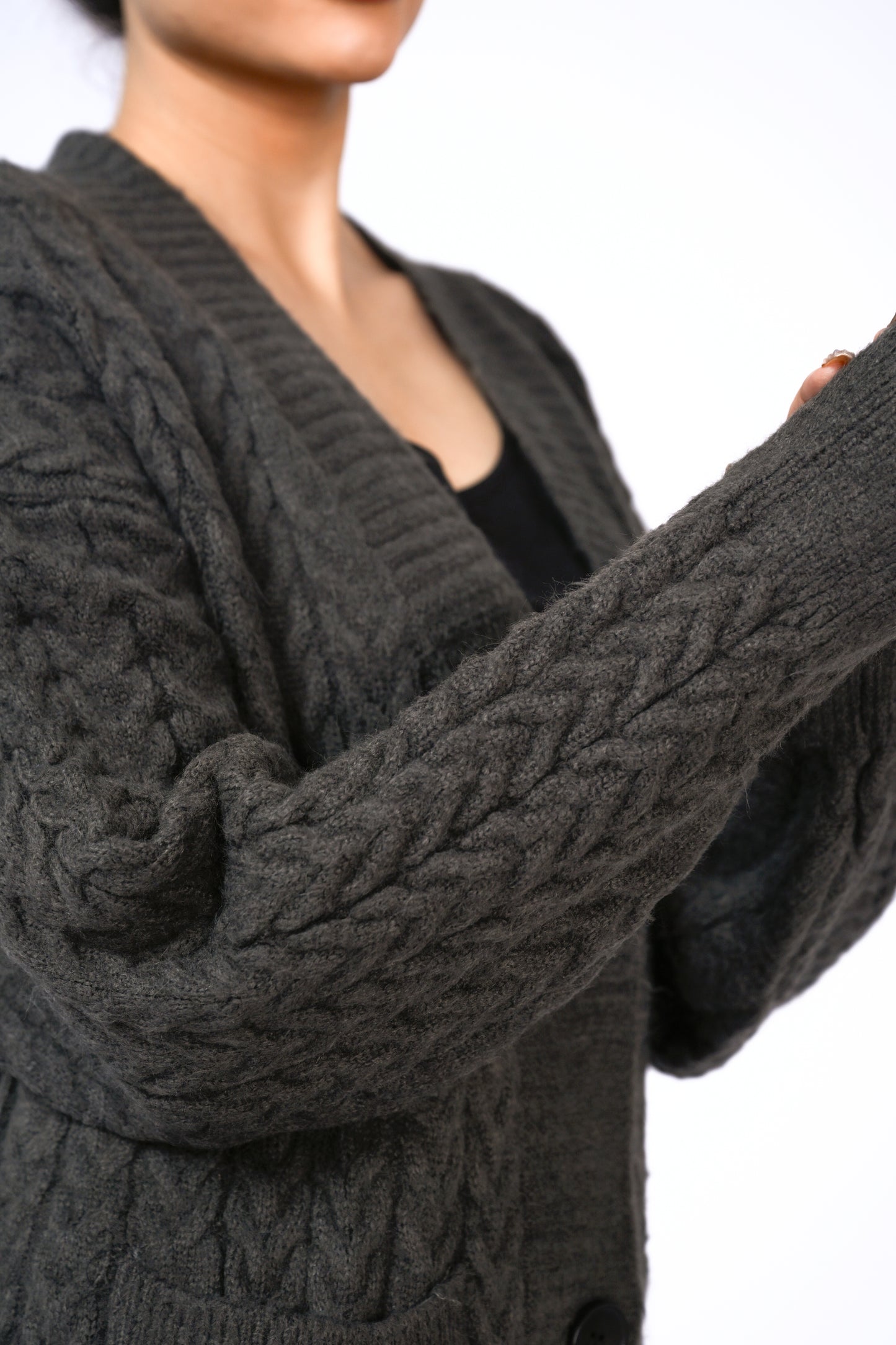 Longline Cable Knit Cardigan in Charcoal Grey Reality