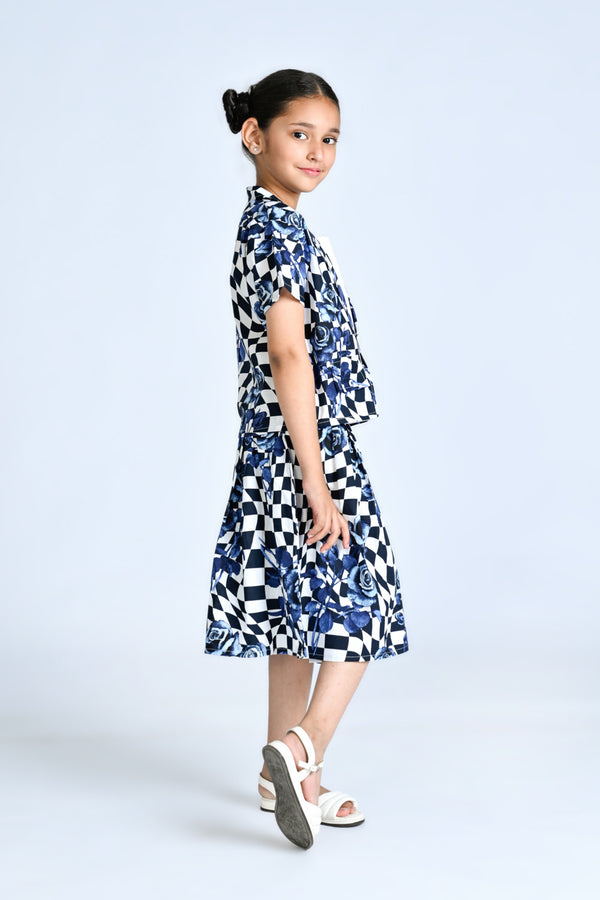 Blue Rose Print Checkered Two-Piece Set for Girls Reality