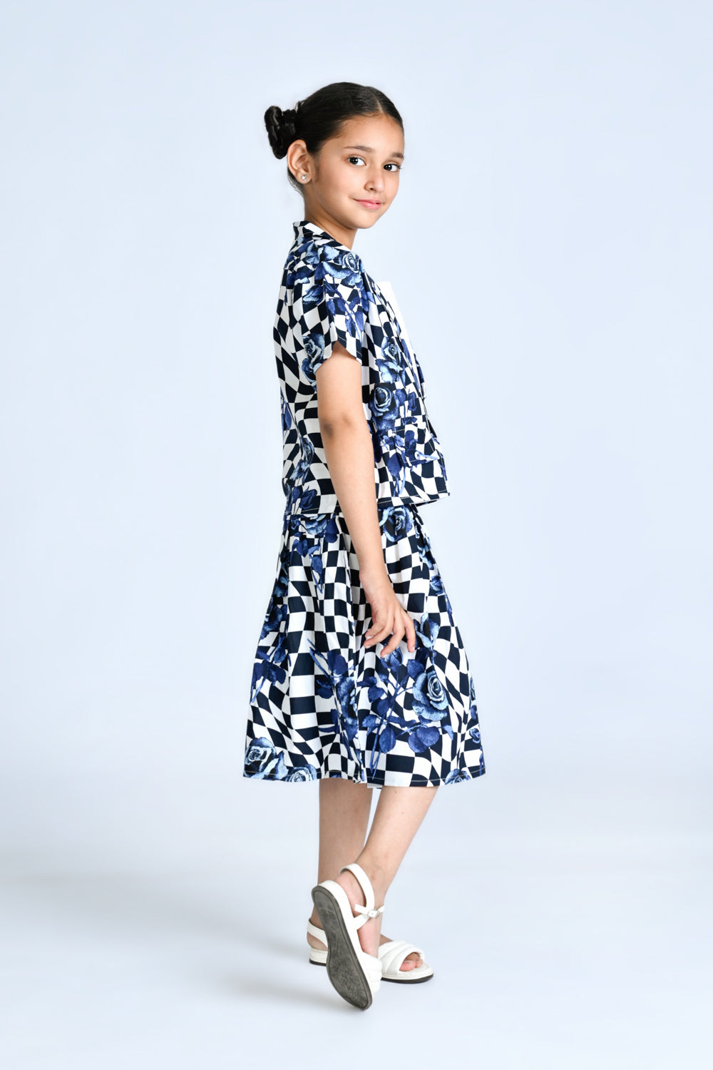 Blue Rose Print Checkered Two-Piece Set for Girls Reality