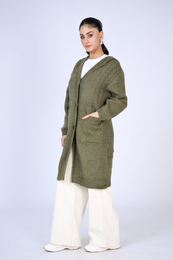 Olive Comfort: Hooded Knit Cardigan with Front Pockets Reality