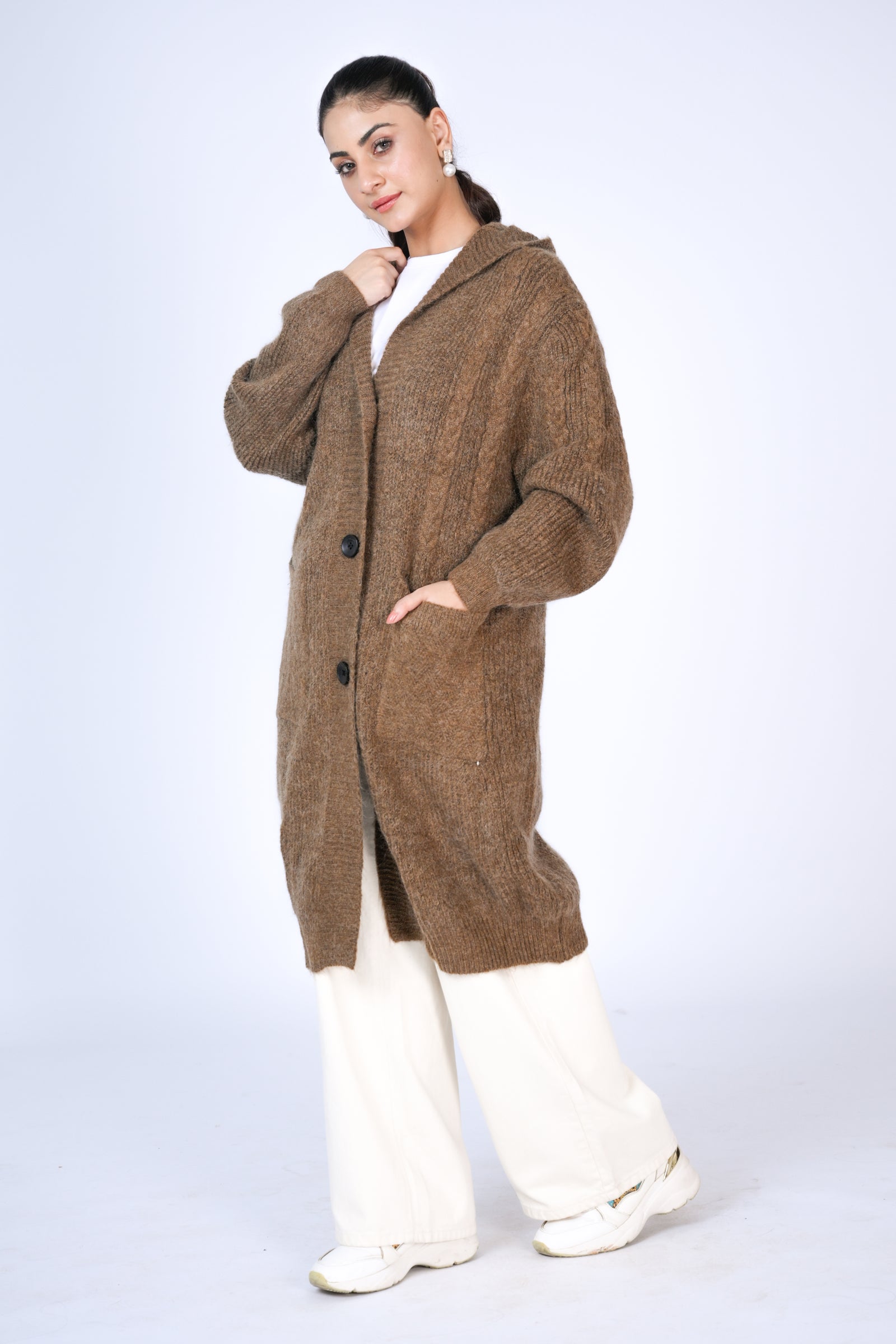 Cozy Elegance: Long Knit Hooded Cardigan in Earthy Brown Reality