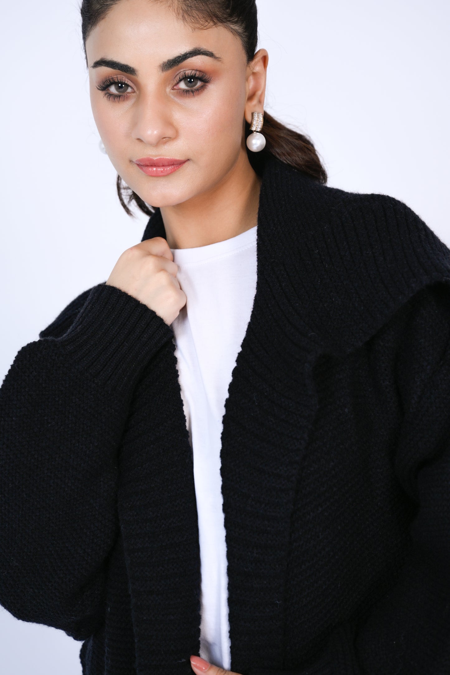 Black Ribbed Long Cardigan with Shawl Collar Reality