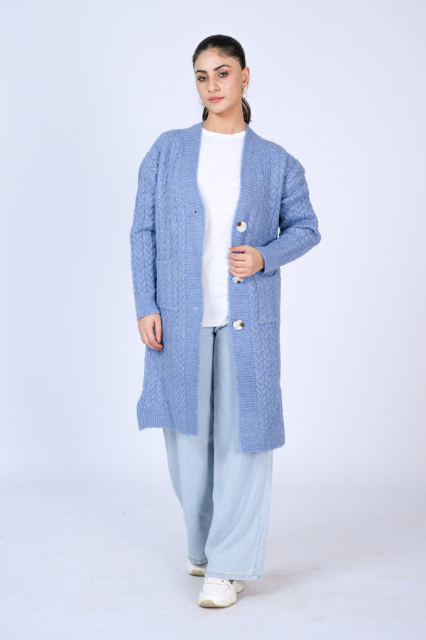 Longline Cable Knit Cardigan with Buttons in Sky Blue