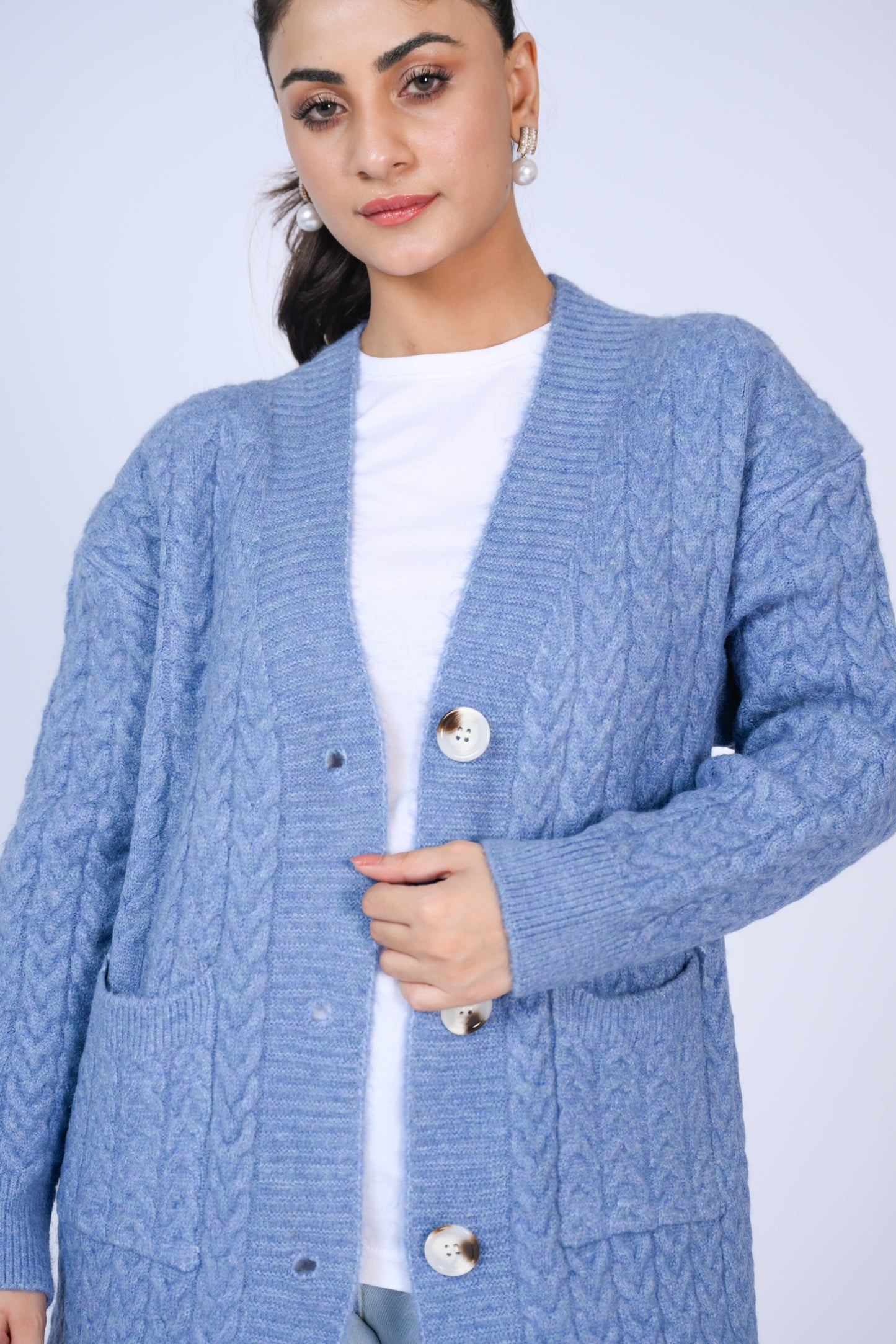 Longline Cable Knit Cardigan with Buttons in Sky Blue Reality
