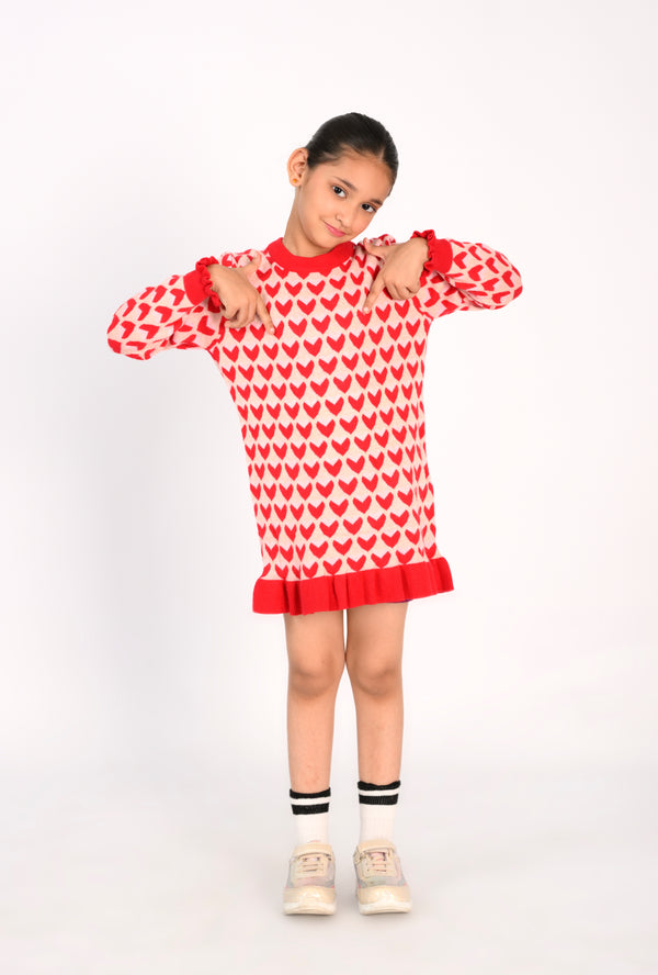 Girl in Red Heart-Print Knit Dress Reality