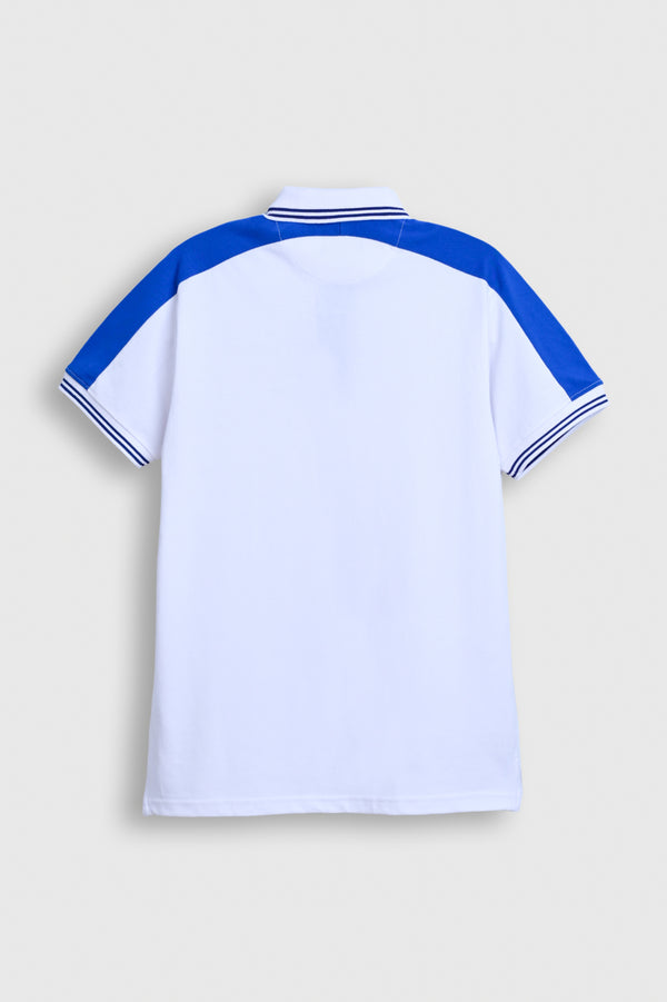 Men’s White Polo Shirt with Royal Blue Shoulder Panels Reality
