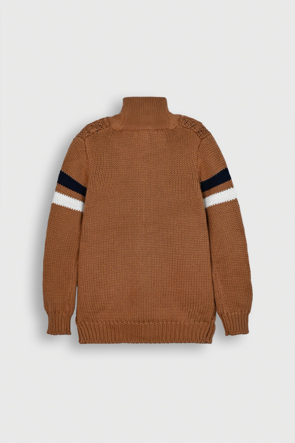 Classic Brown Cable Knit Cardigan with Striped Sleeves Reality