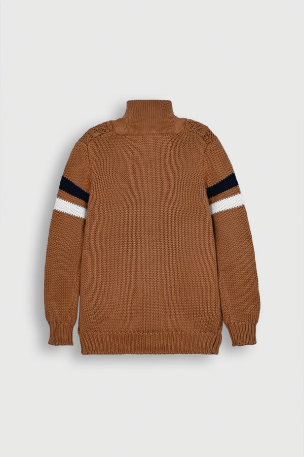 Classic Brown Cable Knit Cardigan with Striped Sleeves Reality