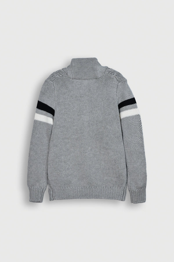 Grey Cable Knit Cardigan with Black & White Sleeve Stripes Reality