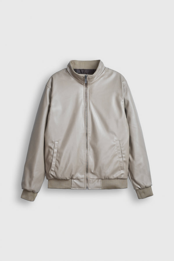Sandstone Glow Faux Leather Bomber Jacket Reality