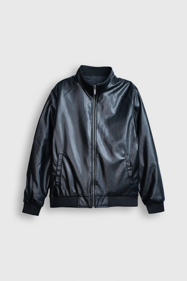 Midnight Noir Faux Leather Bomber Jacket Reality