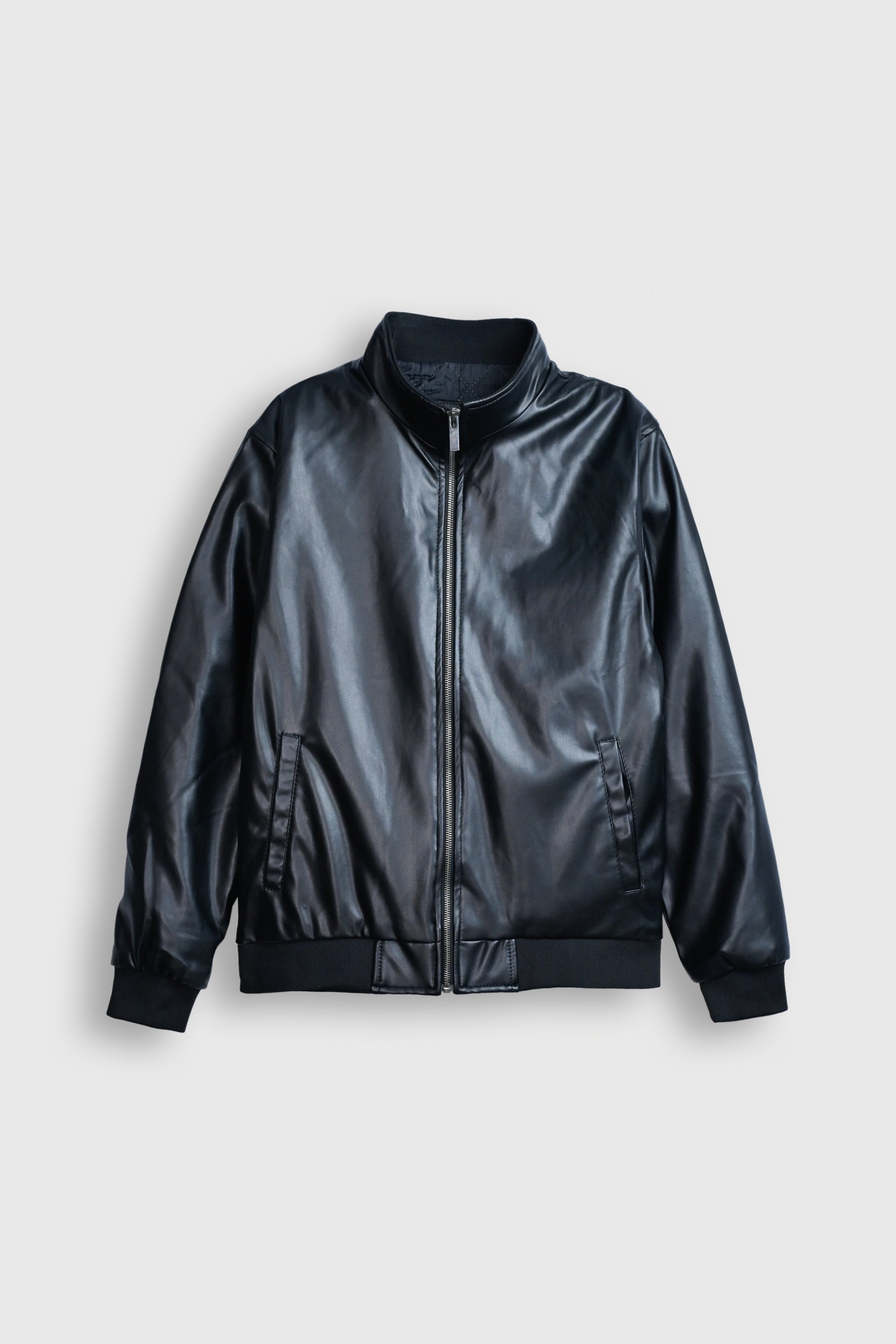 Midnight Noir Faux Leather Bomber Jacket Reality