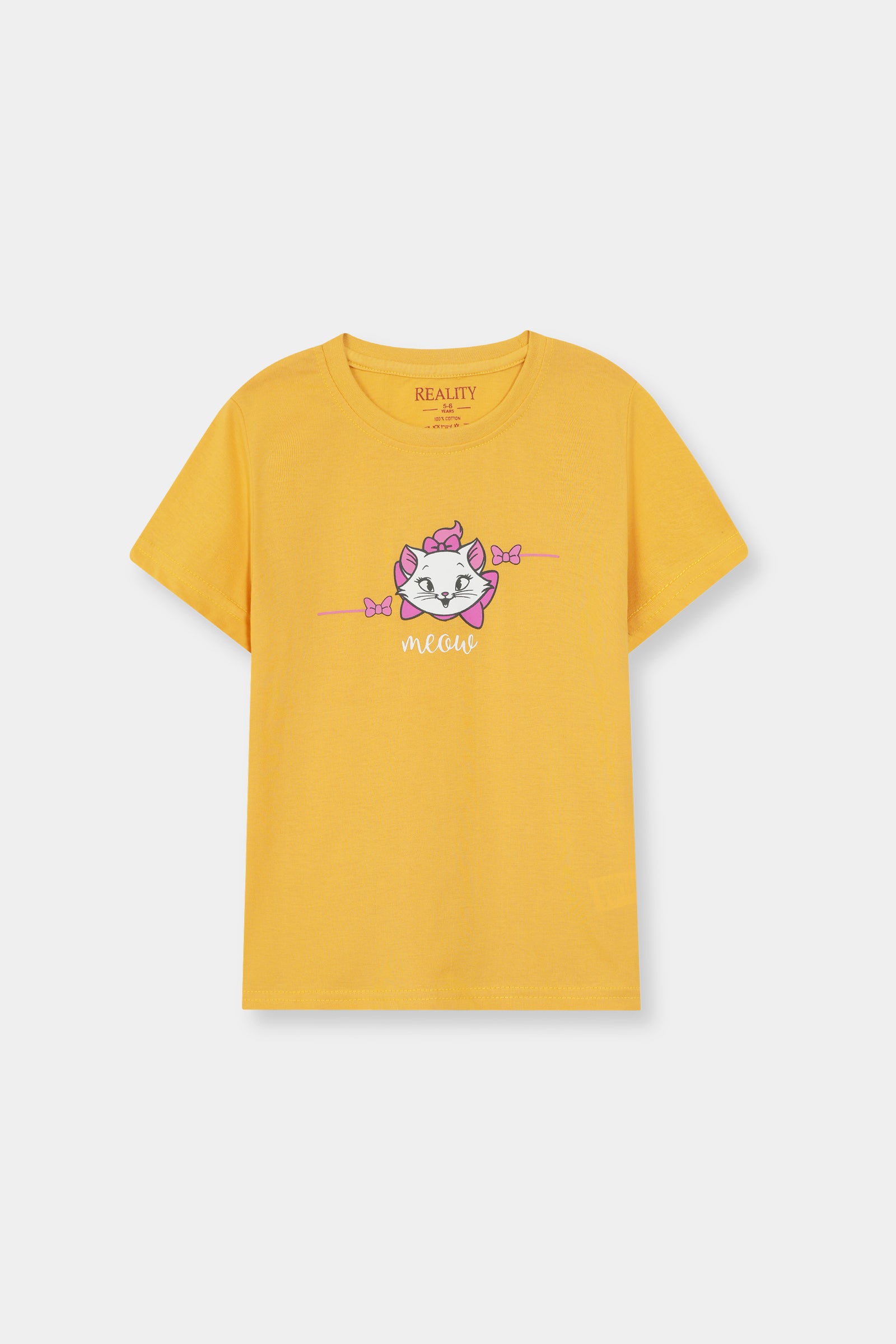 Yellow Meow Cat Graphic Tee with Pink Bow Detail Reality