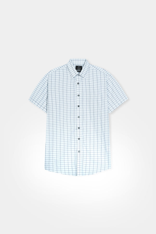 White and Blue Grid-Check Short Sleeve Button-Down Shirt Reality