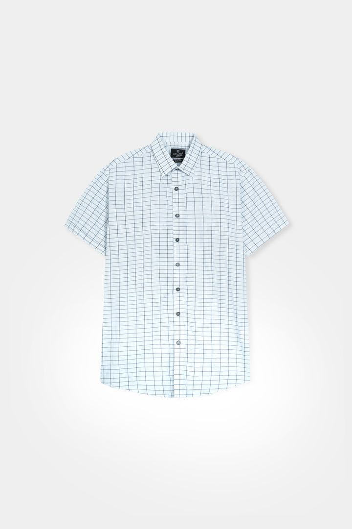 White and Blue Grid-Check Short Sleeve Button-Down Shirt Reality