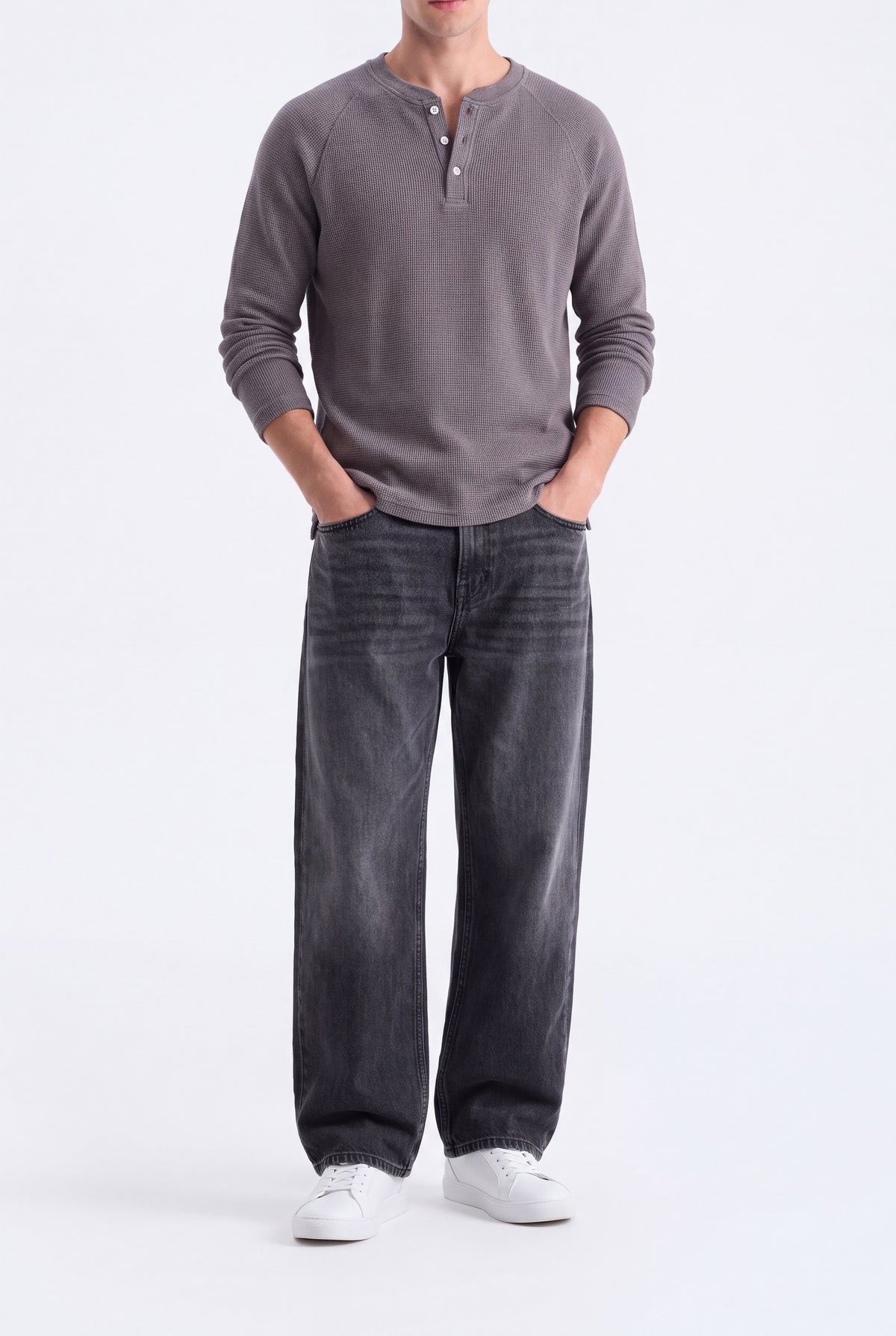 Henley Neck Waffle Tee - Charcoal Reality