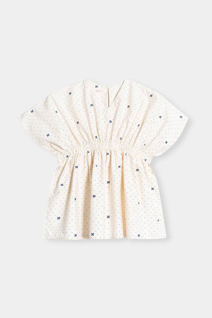 Cream Floral Print Puff Sleeve Dress with Elastic Waist Reality