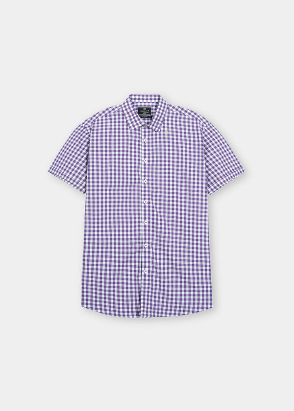 Purple Gingham Checkered Short Sleeve Button-Down Shirt Reality