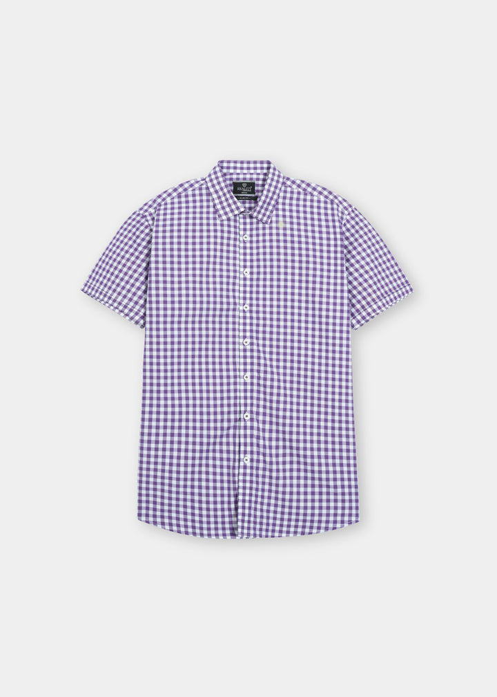 Purple Gingham Checkered Short Sleeve Button-Down Shirt Reality