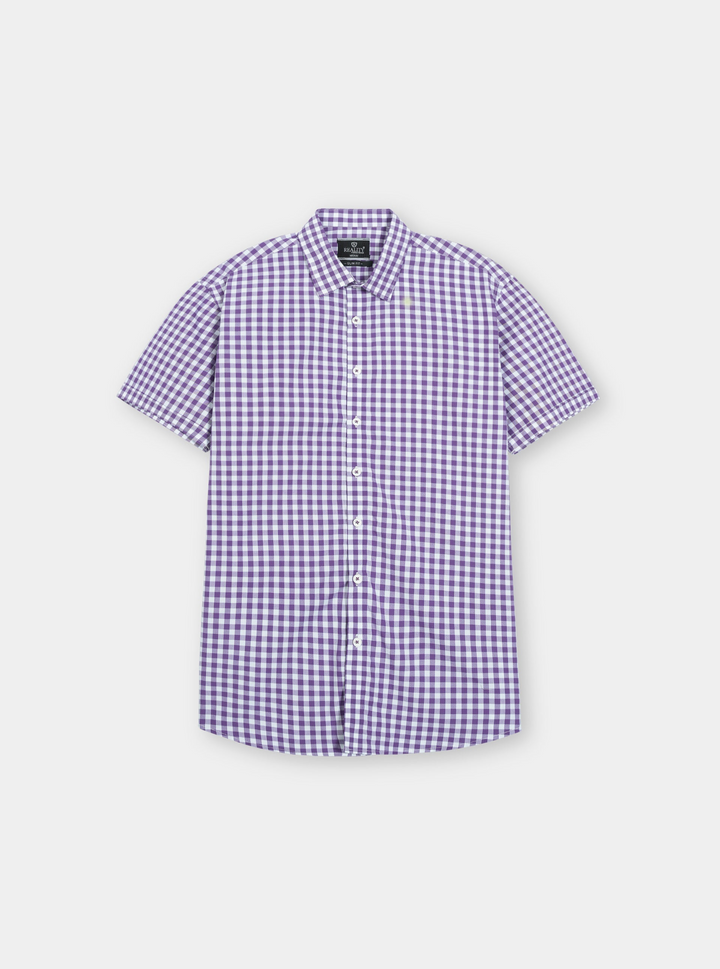 Purple Gingham Checkered Short Sleeve Button-Down Shirt Reality