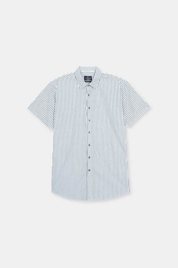 Blue and White Striped Short Sleeve Button-Down Shirt Reality