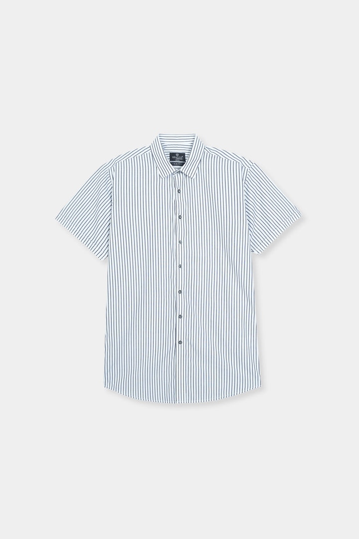 Blue and White Striped Short Sleeve Button-Down Shirt Reality