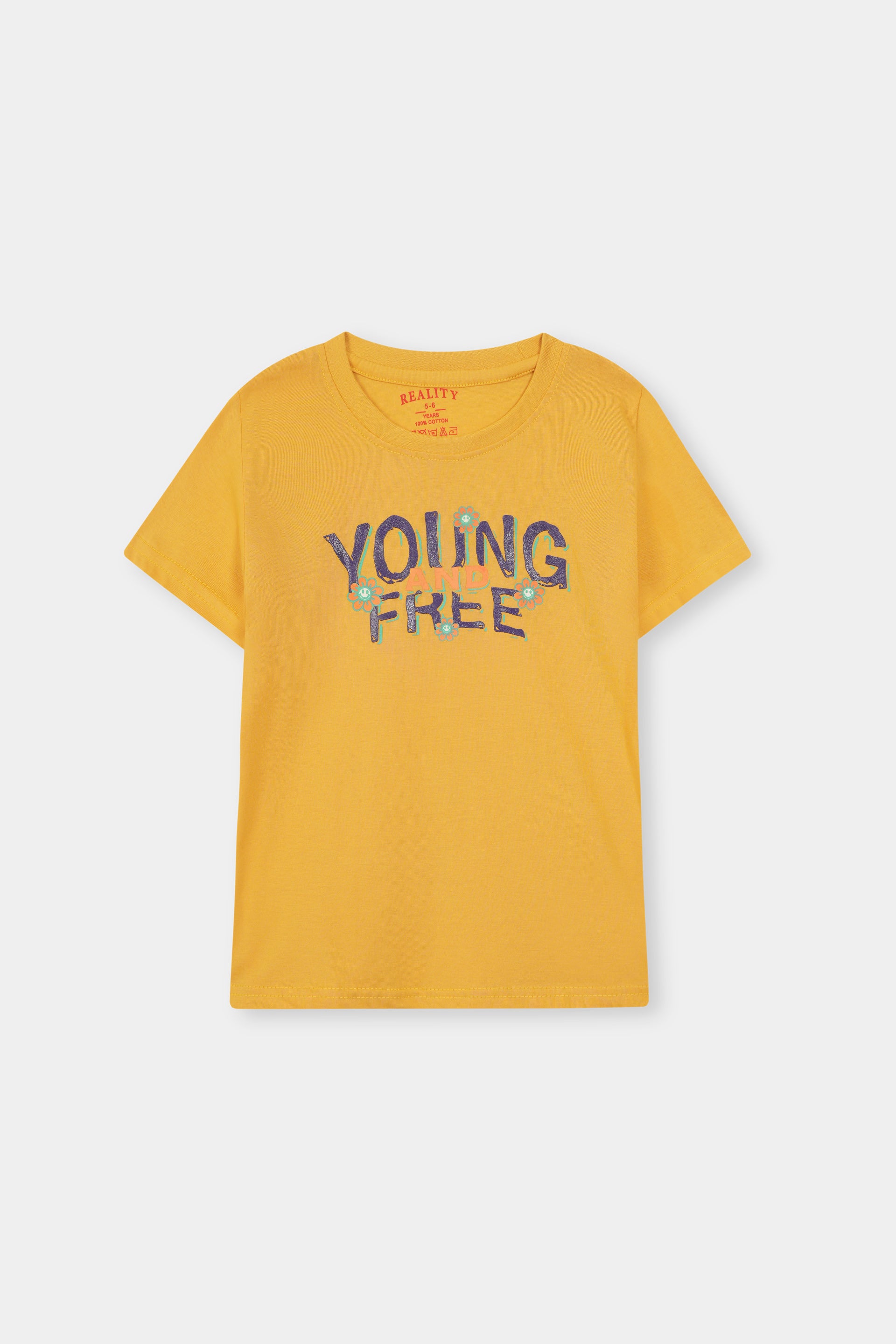 Yellow Young & Free Graphic Tee with Floral Accents Reality