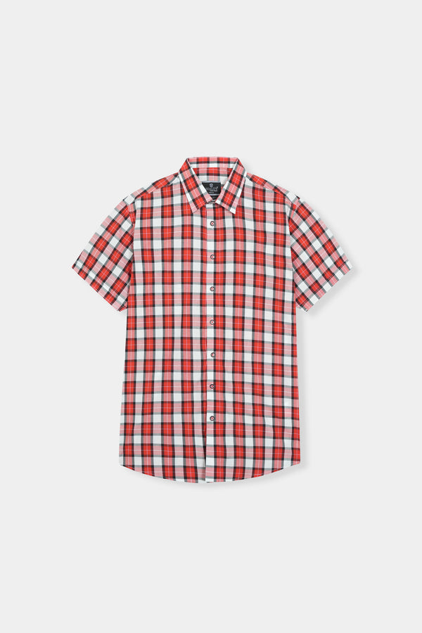 Men's Red and White Checkered Short Sleeve Button-Down Shirt Reality
