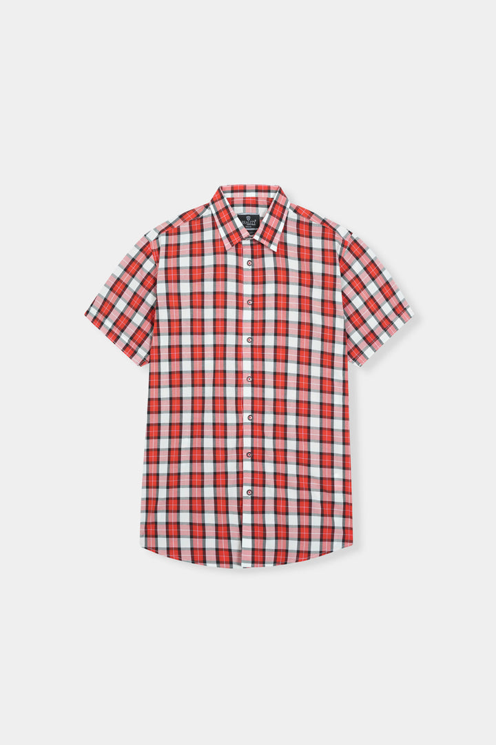 Men's Red and White Checkered Short Sleeve Button-Down Shirt Reality