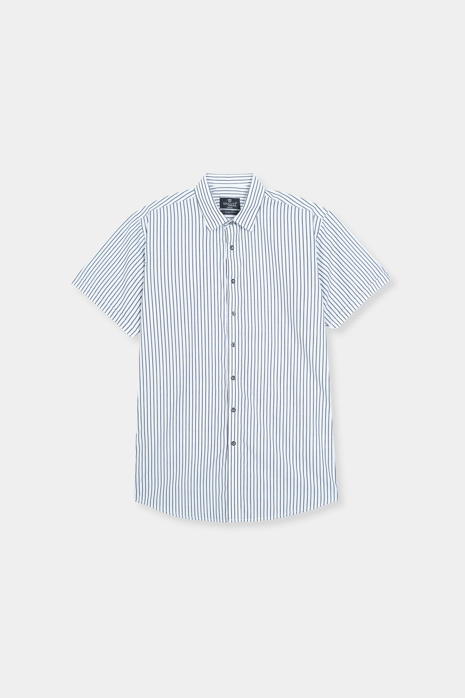 Blue and White Vertical Striped Short Sleeve Shirt Reality