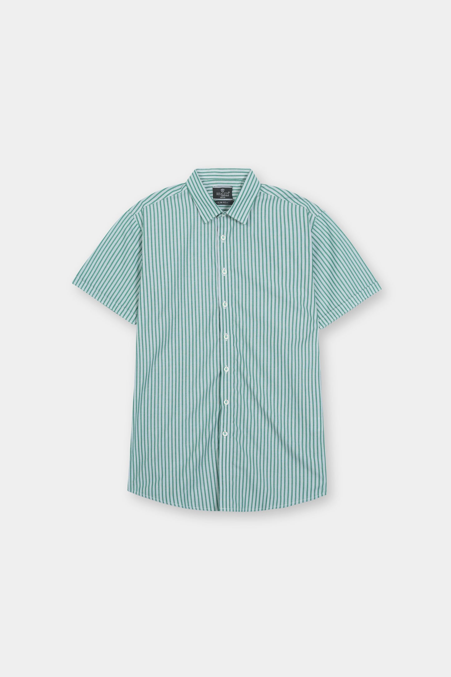 Green and White Vertical Striped Short Sleeve Shirt Reality