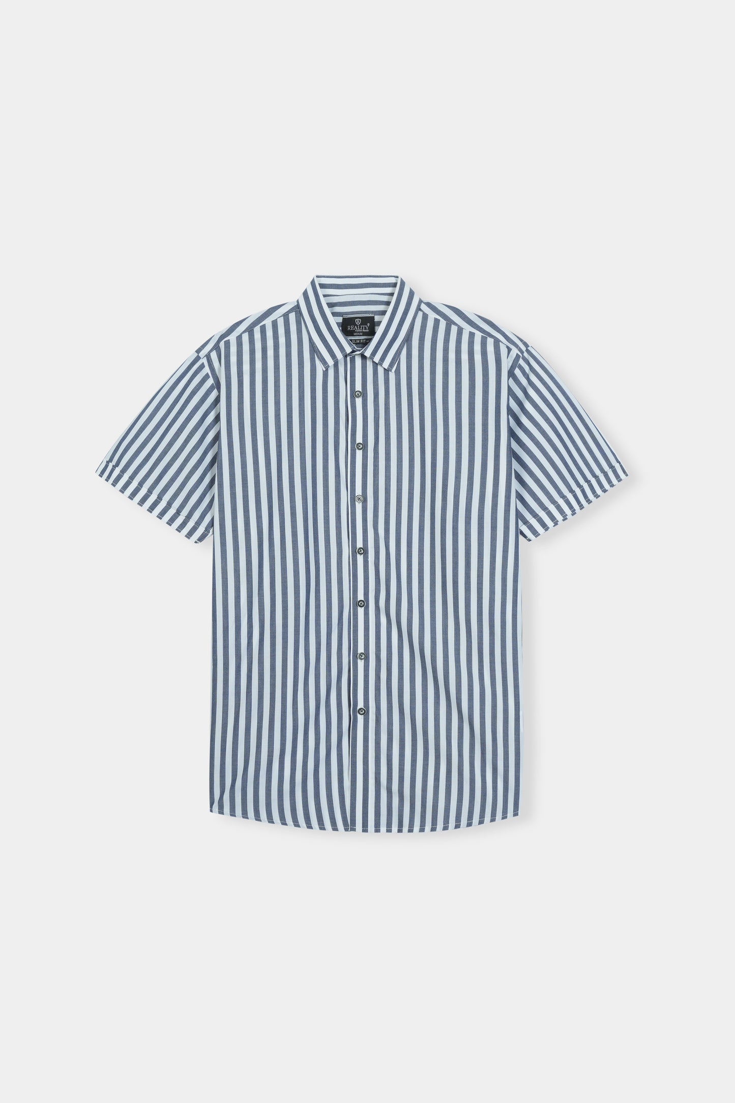 Blue and White Vertical Striped Short Sleeve Shirt Reality