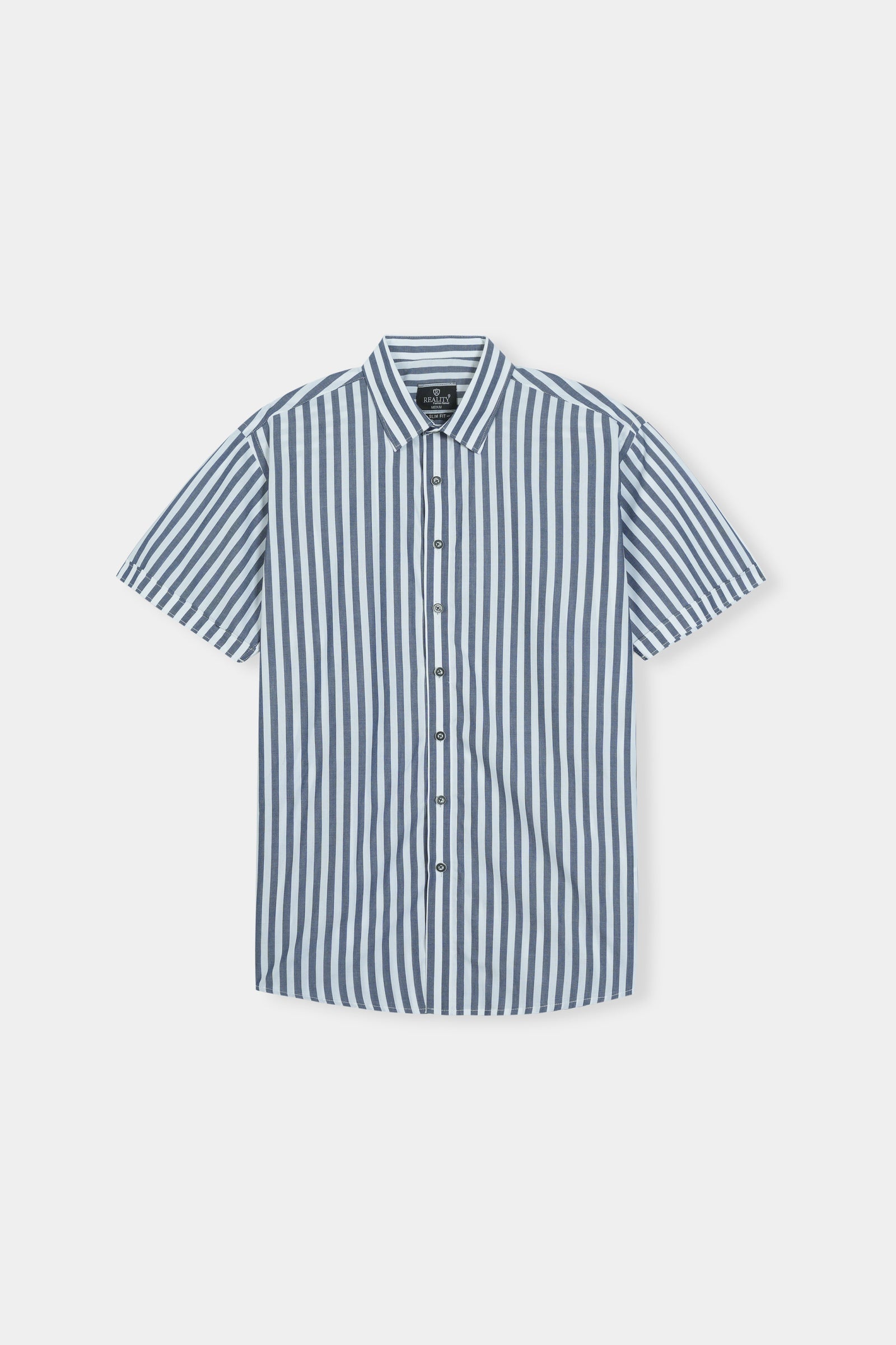Blue and White Vertical Striped Short Sleeve Shirt Reality