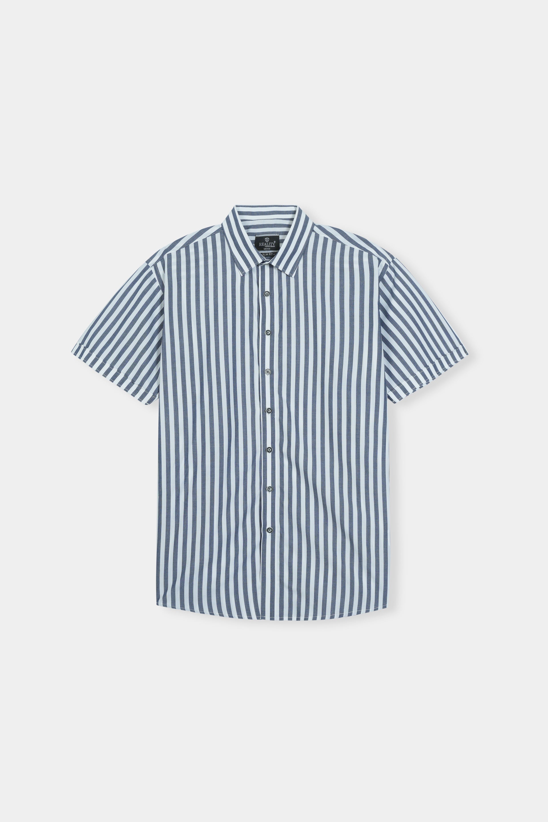 Blue and White Vertical Striped Short Sleeve Shirt Reality