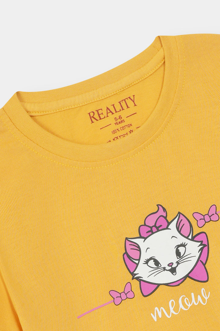 Yellow Meow Cat Graphic Tee with Pink Bow Detail Reality