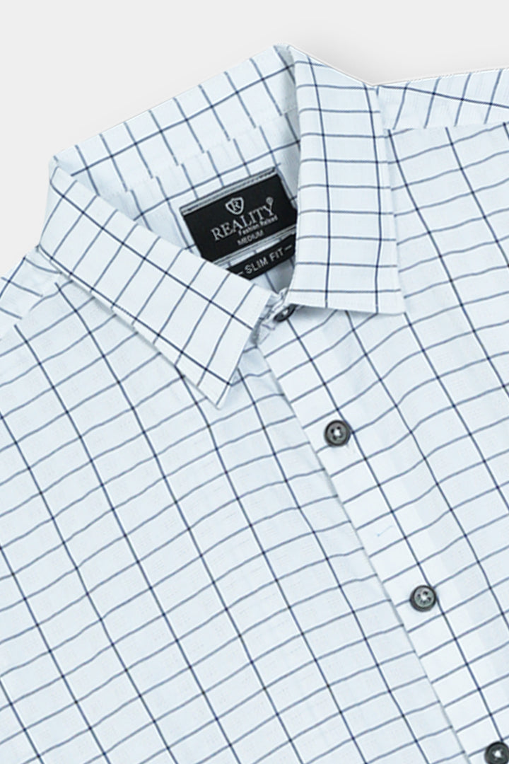 White and Blue Grid-Check Short Sleeve Button-Down Shirt Reality