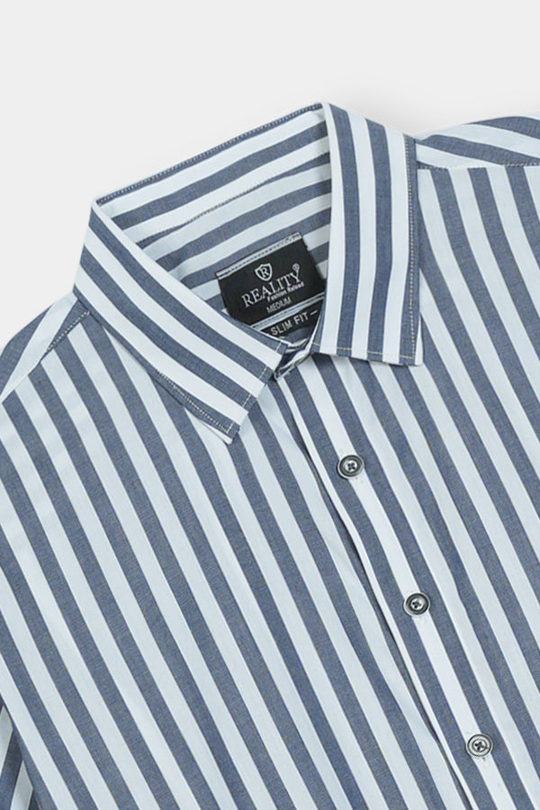 Blue and White Vertical Striped Short Sleeve Shirt Reality