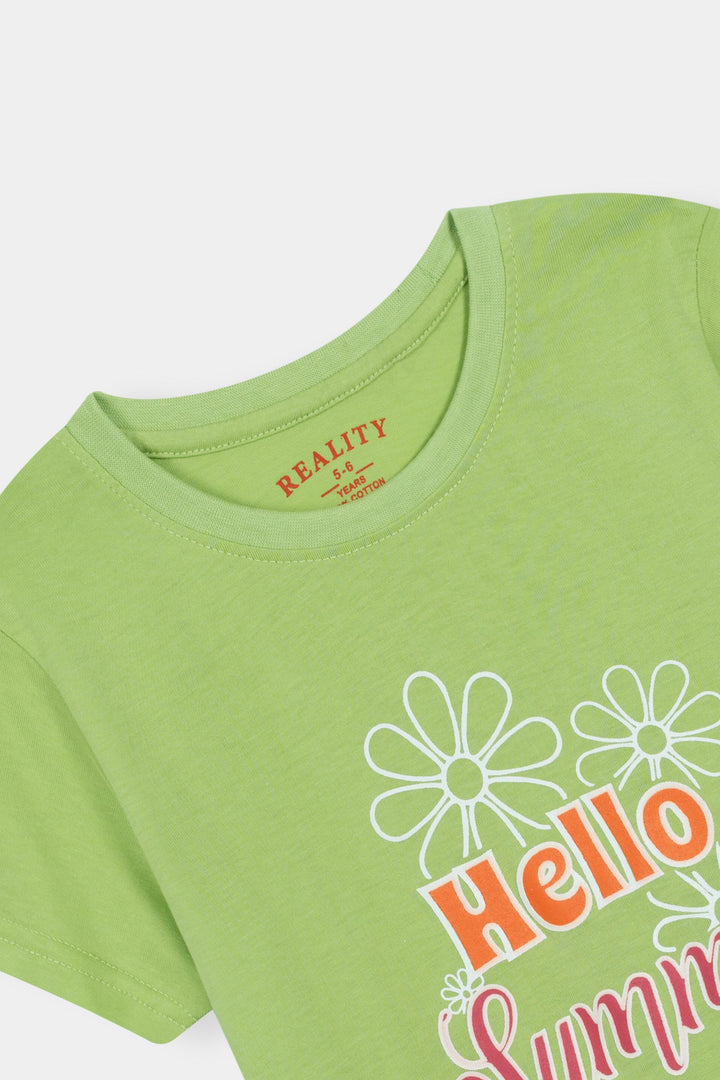 Green 'Hello Summer' Graphic Tee with Floral Design Reality