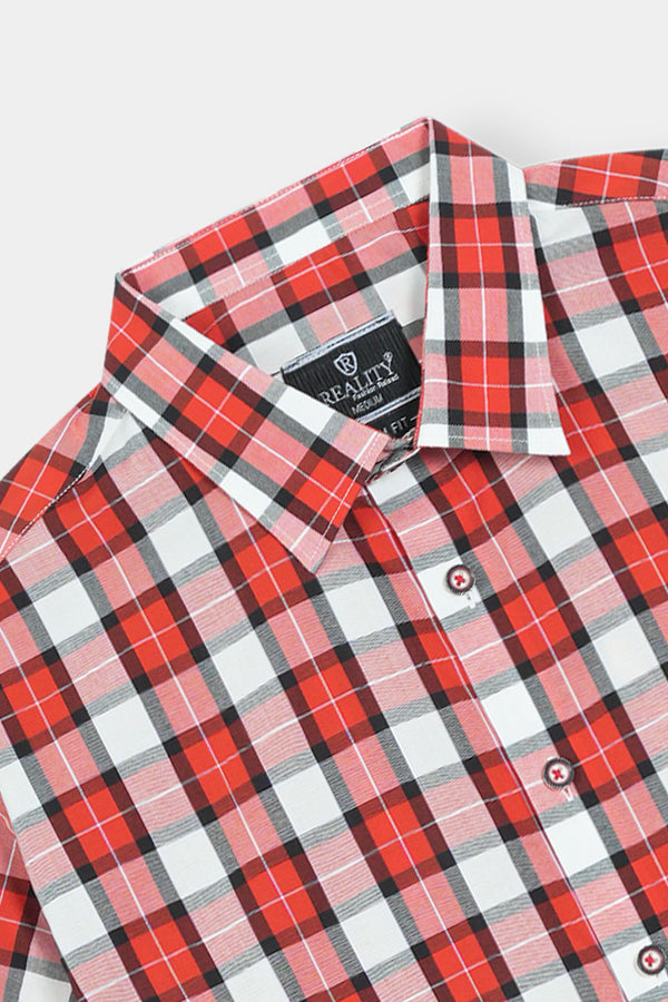 Men's Red and White Checkered Short Sleeve Button-Down Shirt Reality