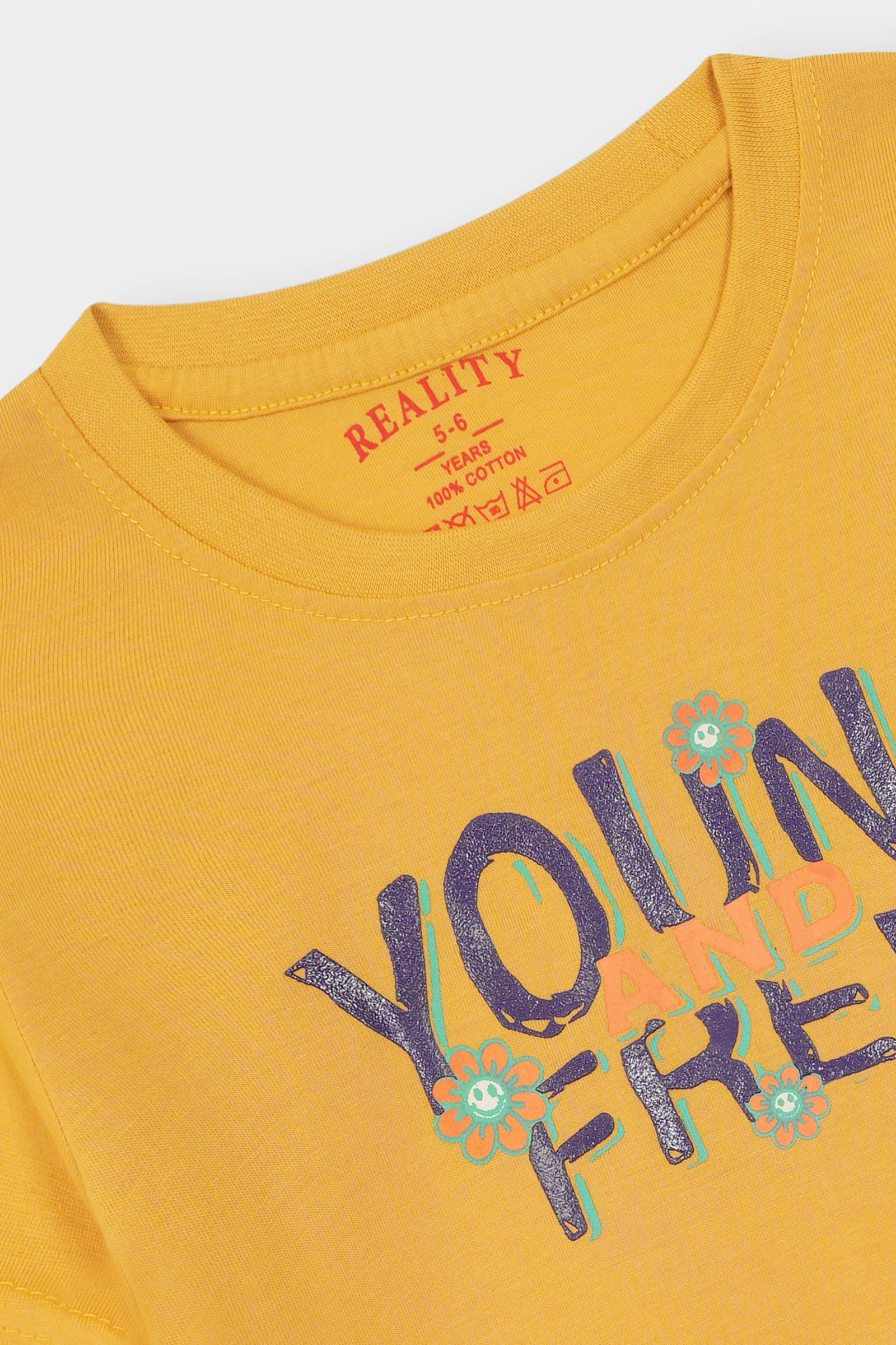 Yellow Young & Free Graphic Tee with Floral Accents Reality