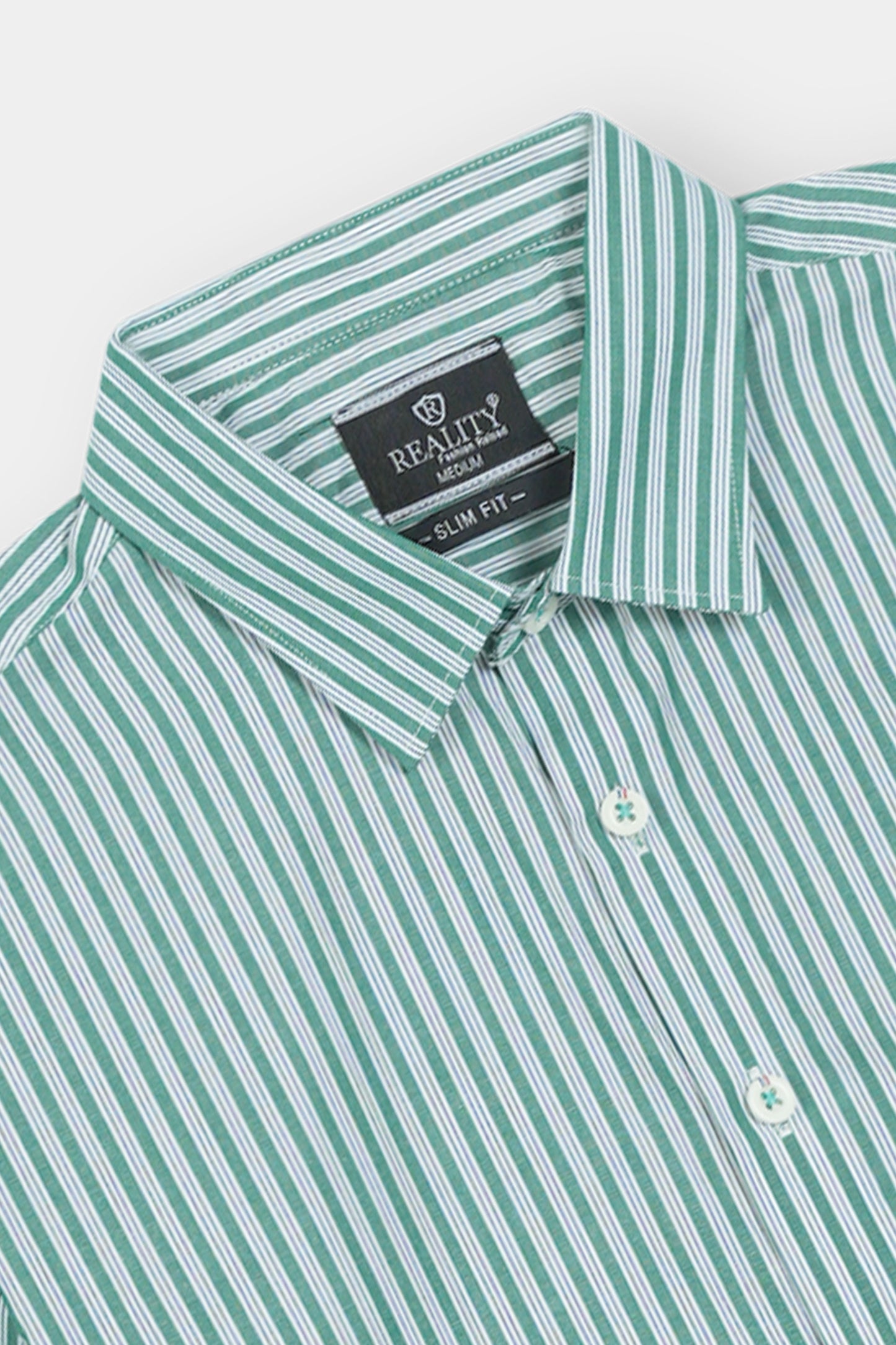 Green and White Vertical Striped Short Sleeve Shirt Reality
