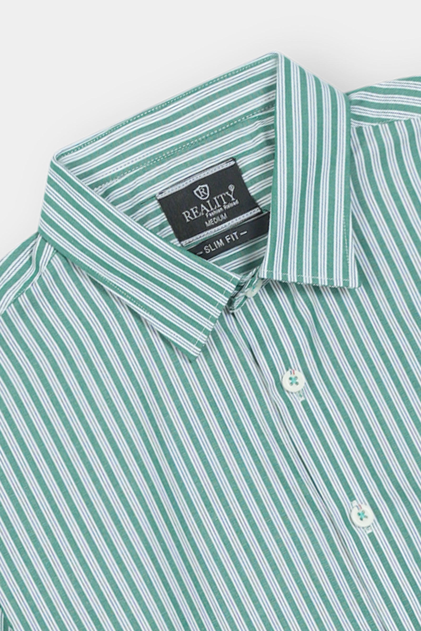 Green and White Vertical Striped Short Sleeve Shirt Reality